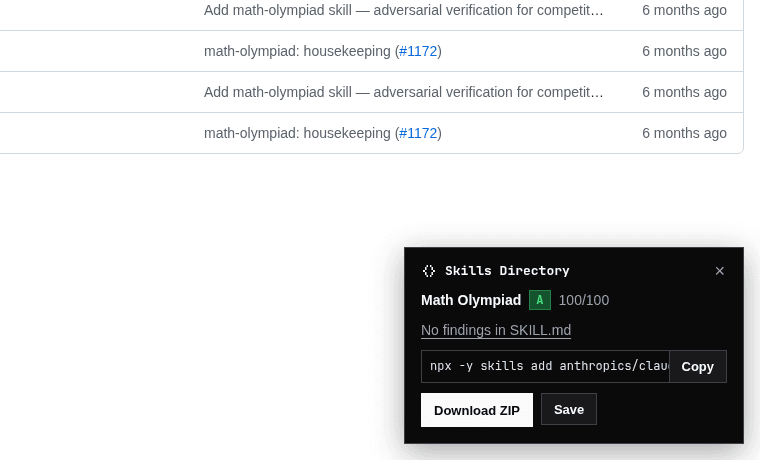 The Skills Directory card on a GitHub skill page, showing grade A, the install command, and Download ZIP and Save buttons