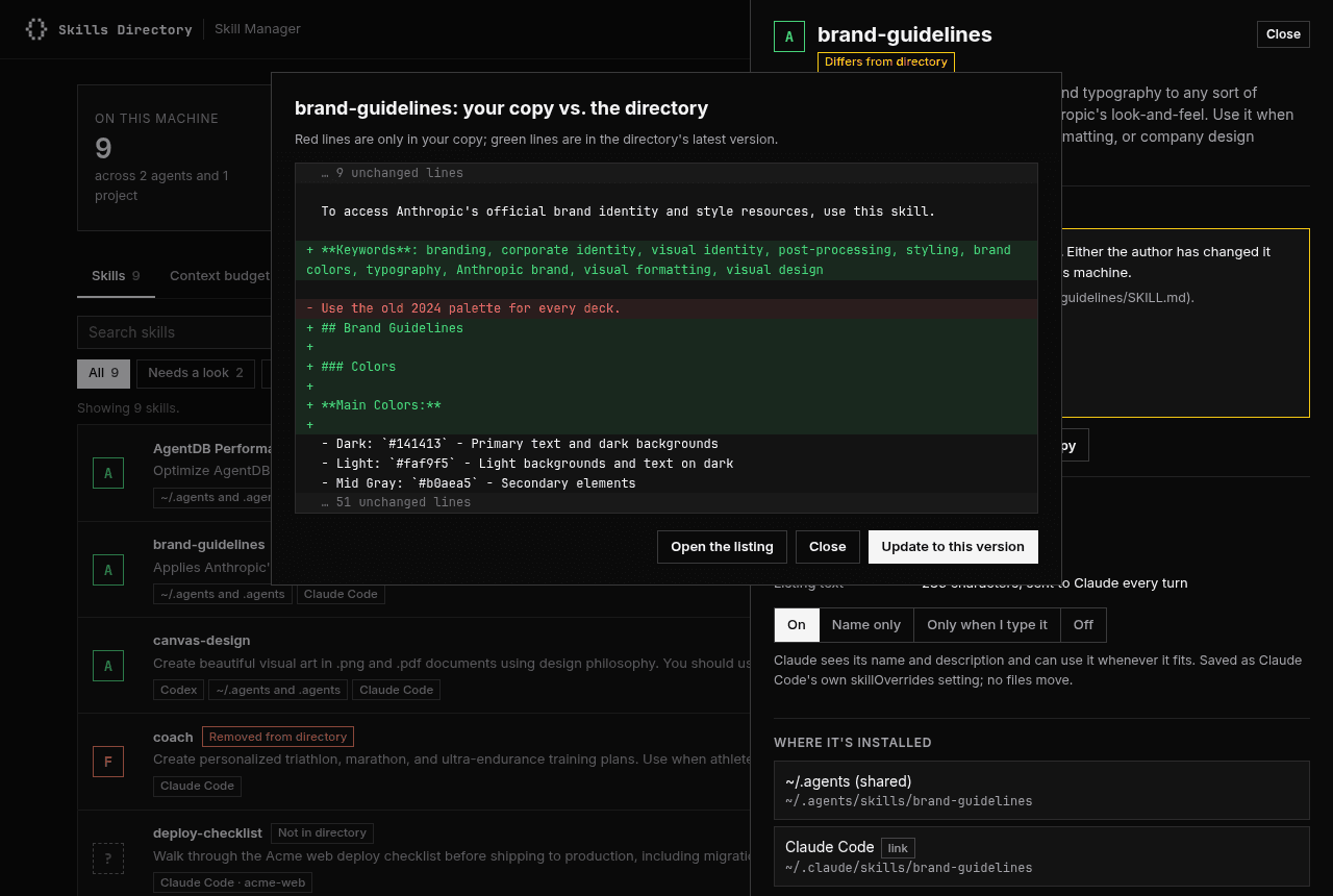 A diff between an installed skill and the directory's latest version, with an Update button